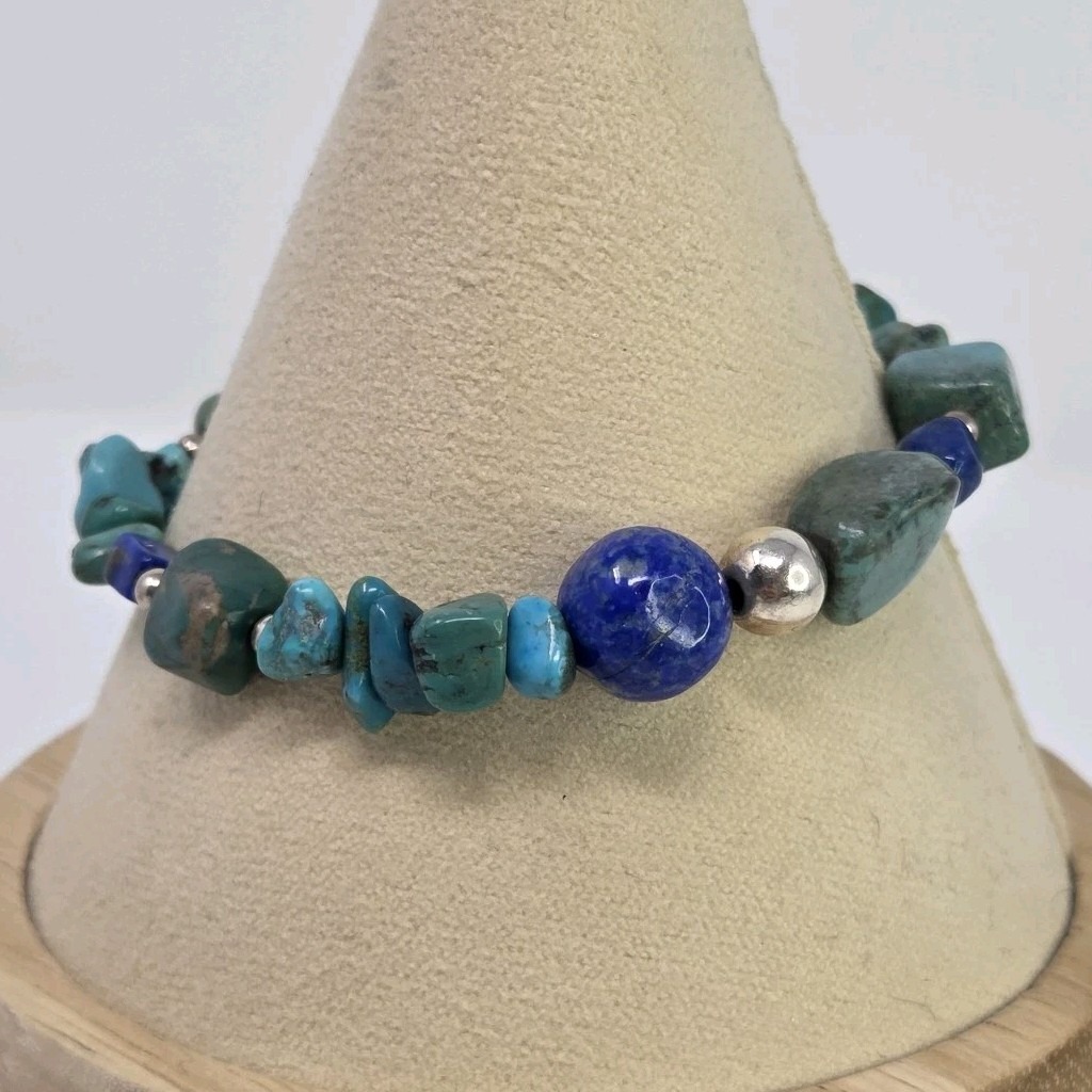 Shube Dakota West Chunky Turquoise Lapis Lazuli Sterling Silver Stretch Bracelet